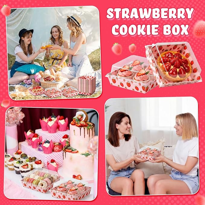 Potchen 50 Pack Bakery Boxes with Clear Lids, Disposable Charcuterie Treat Boxes for Cookies, Donuts, Cupcakes, Candy and Mini Cakes, Party Favor for Wedding and Gift Giving(Pink Strawberry)