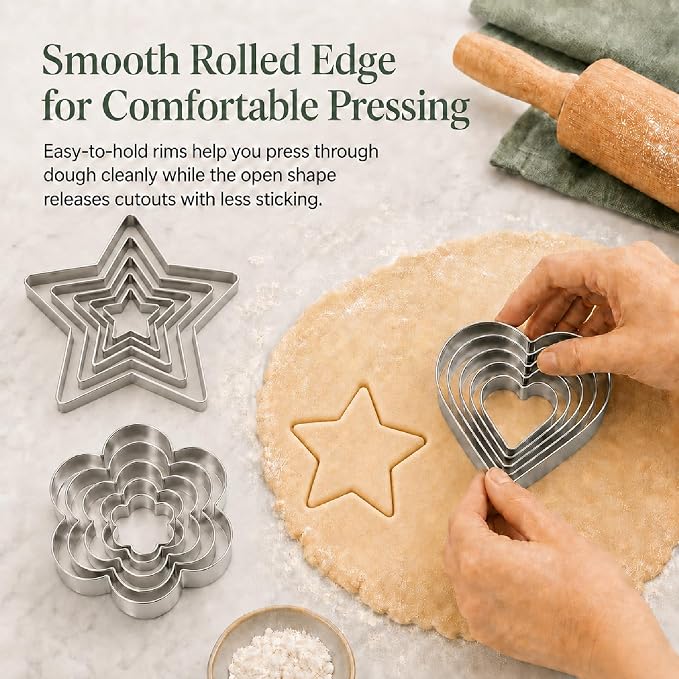 15-Piece Stainless Steel Cookie Cutters Set, Flower Heart & Star Shapes in 5 Sizes Each, Reusable Metal Baking Molds for Cookies, Fondant, Cakes, Pie Crusts, Sandwiches, Fruit, Cheese & DIY Crafts