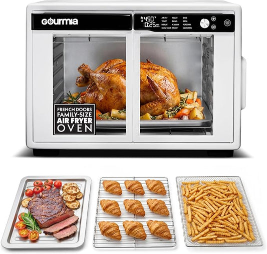 Gourmia French Door Air Fryer Oven - 37 Qt Large Capacity Convection Toaster Oven, FryForce 360°, Digital Display, 12 Cooking Presets, Dehydrate, Fits 13” Pizza, Dishwasher-Safe, White