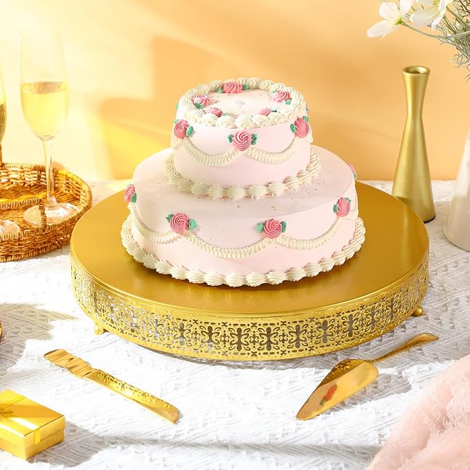 Wenqik 18 Inch Gold Cake Stand Set Metal Round Cupcake Dessert Wedding Cake Stand with Cutting & Spatula Cookies Display Holder Fruit Serving Tray for Table Wedding Birthday Anniversary Party