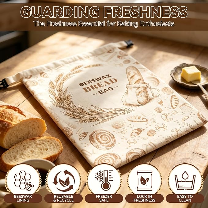2 Pack Beeswax Sourdough Bread Bags for Homemade Bread (2 Pack + 1 Wrap) -17"x13" Reusable Cotton Beeswax Bread Bag with Lock Closure, Non-Flaking & Breathable for Fridge