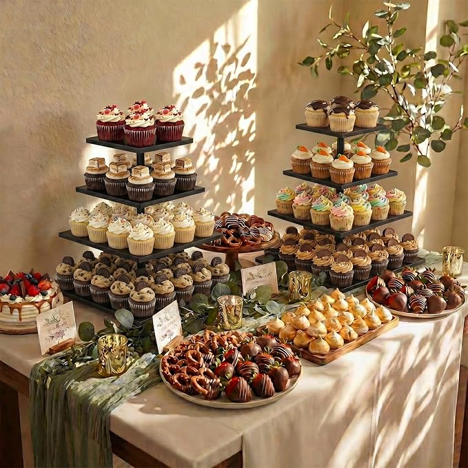 Wooden 4 Tier Cupcake Stand for 50 Cupcakes,Cupcake Holder,Cupcake Tower,Tiered Tray Stand for Birthday Bar Décor Weddings,Parties Events, Black