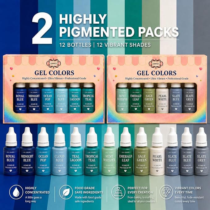Confect Ocean Vibes Gel Food Coloring Set – 12 Highly Pigmented Colors for Buttercream, Cakes, Cookies, Macarons & Baking – 10mL Bottles