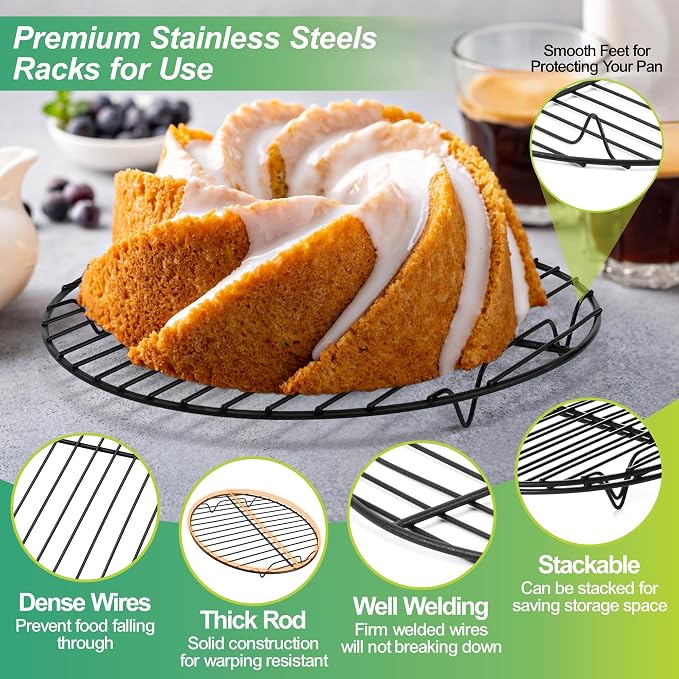 P&P CHEF 9 Inch Cooking Rack Round, Stainless Steel Round Rack for Cooking Cooling Steaming Baking, Fit Air Fryer Pot Pressure Cooker, 2 Pack -Oven Safe, Black
