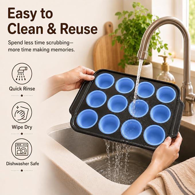 Silicone Muffin Pans for Baking with Metal Reinforced Frame, Muffin Tin Egg Bites Mold 12-Cup Regular Size, Nonstick Muffin Cups Tray Easy to Pop Cupcake Pan for Oven & Dishwasher Safe