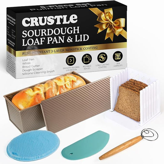 5-Pack Pullman loaf pan with Lid – Sourdough Loaf Pan Set, Includes Dough Scraper, Whisk, Silicone Cleaning Brush & Bread Cutter – Long Loaf Pan with Lid for Homemade Loaf