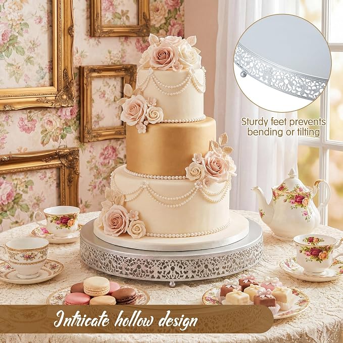 Wenqik 18 Inch Silver Cake Stand Set Metal Round Cupcake Dessert Stand with Cake Cutting, Spatula Wedding Cupcake Pastry Display Candy Holder Display for Wedding Party Birthday Baby Shower(Classic)