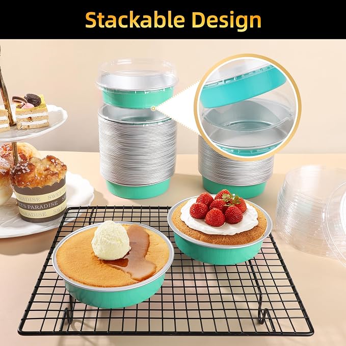 Beasea Mini Pie Pans with Lids, 120 Pack 4 Inch 8oz Disposable Mini Cake Pans Creme Brulee Aluminum Foil Pie Tart Ramekins Tins Elegant Blue Small Individual Round Containers Oven Safe for Baking
