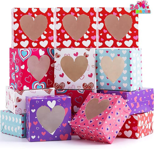 JOYIN 24 Pcs Valentine’s Day Bakery Treat Boxes,Valentines Cupcake Boxes,Cookie Cardboard Boxes with with Heart PVC Window for Holiday Pastries,Wedding Doughnut