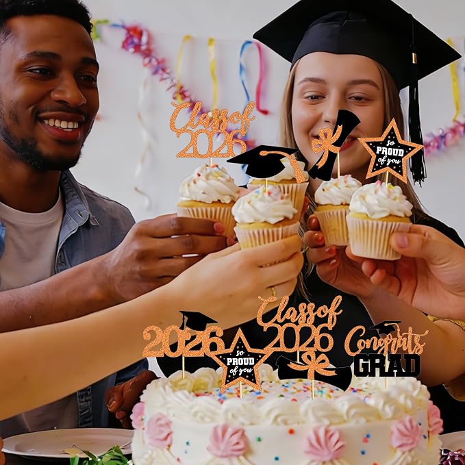 48 PCS Graduation Cupcake Toppers 2026, 6 Styles Grad Cake Topper, Black and Orange Graduation Decorations, Glittery Cap and Diploma Cake Picks for Congrats Grad Decor Party Supplies