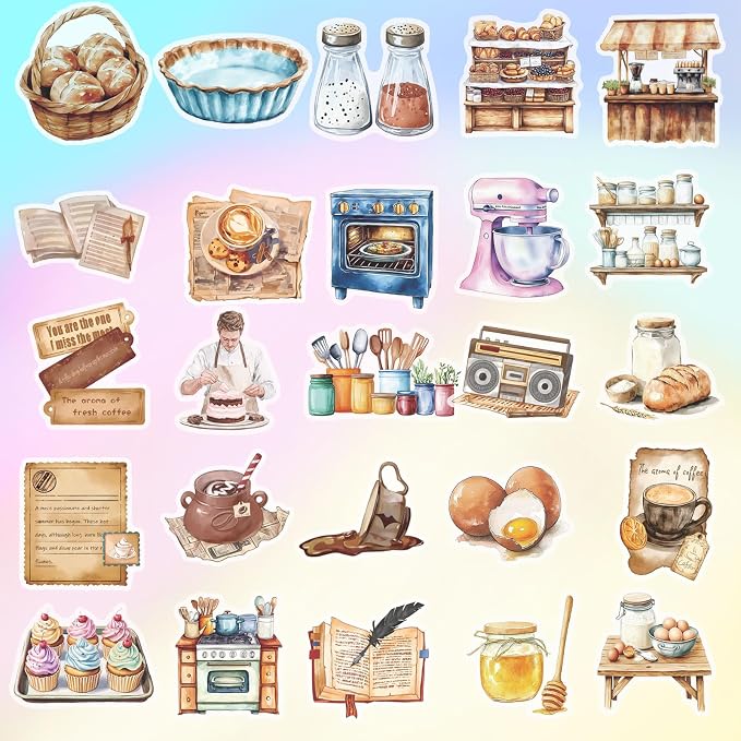 100pcs Cute Kitchen Baking Stickers Realistic Bakery Transparent Recipe Waterproof Food Stickers Pack for DIY Scrapbook Water Bottles,Laptop,Funny Bakery Themed Party Decorations