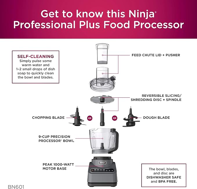Ninja BN601 Professional Plus Food Processor 1000-Peak-Watts with Auto-iQ Preset Programs Chop Puree Dough Slice Shred with a 9-Cup Capacity and a Silver Stainless Finish (Renewed)