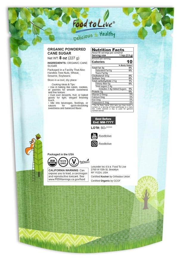 Food to Live Organic Powdered Cane Sugar, 8 Ounces – Raw Natural Sweetener. Great for Baking, Cooking and Beverages. Non-GMO, Vegan, Bulk