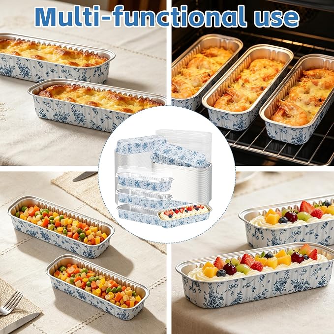 100Pcs Mini Loaf Pan with Lids Rectangle Aluminum Foil Baking Cups | Sturdy Box Body Structure, Innovative design, Blue Floral Pattern, Portable Lid, Excellent for Viewing, Clean Material