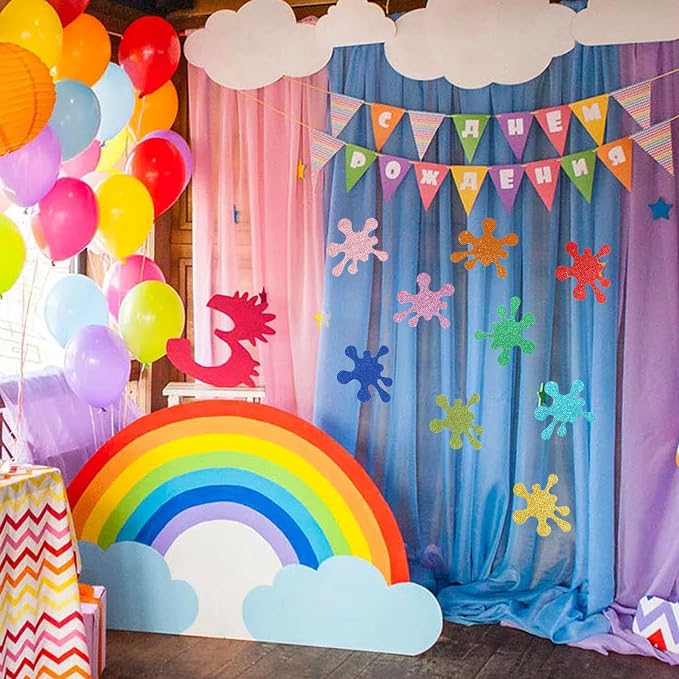Vuzvuv 54Pcs Glitter Art Paint Splatter Paper Cutouts Bulletin Board Decorations for Birthday Party Theme Decor Supplies