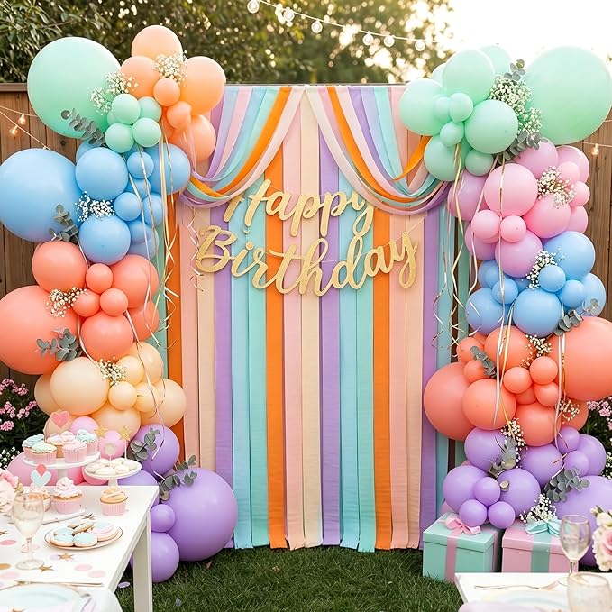 132 Pcs Pastel Birthday Party Balloons Decor with 197ft Crepe Paper Streamers Kits Rainbow Macaron Assorted Color Balloon Arch for Baby Shower Gender Reveal Ice Cream Party Wedding Unicorn
