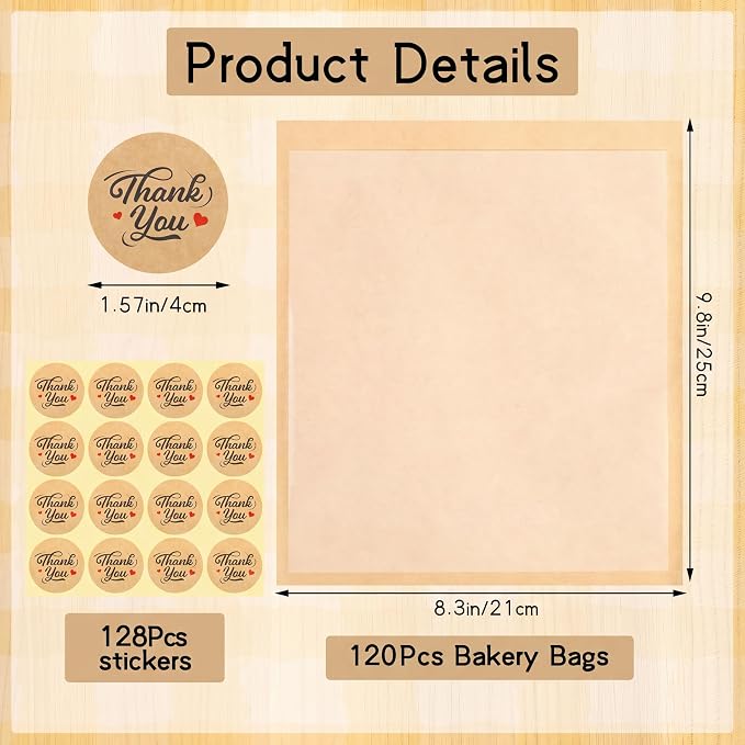 120 Pack Cookie Bags with Seal, 8.3x9.8 Inch Self Sealing Paper Bakery Bags with Window, Heat Sealable & Grease Resistant To Go Sleeves for Donuts Treat Brownie Waffle Sandwiches