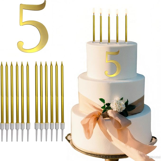 3.7IN Gold Acrylic Number 5 Cake Topper with 12 Gold Long Candles - Perfect for 5th Birthday Party Supplies, Ideal for Cake Decoration