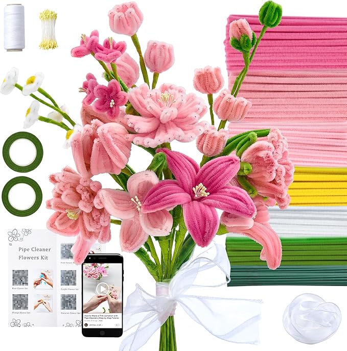 LENYNAL 500 Pcs Pastel Pipe Cleaners Bulk Craft, Pink Pipe Cleaner Flower Kit, Glue-Free & Safe for Kids, Step-by-Step Tutorial, 6 Colors Chenille Stems for Flower Making