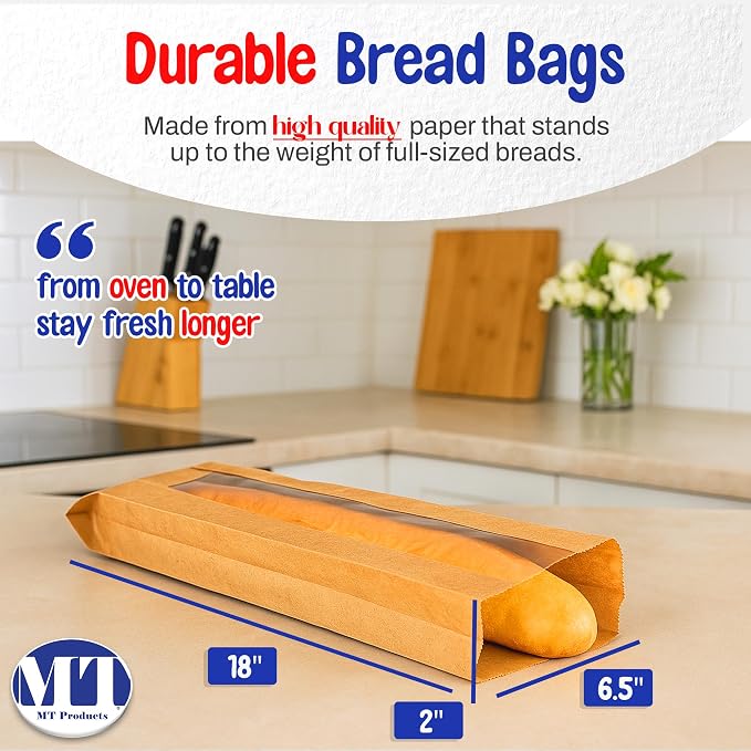 MT Products Kraft Bread Bags 6.5" x 2" x 18" - Disposable Paper Bags (Pack of 1000) - Made in the USA