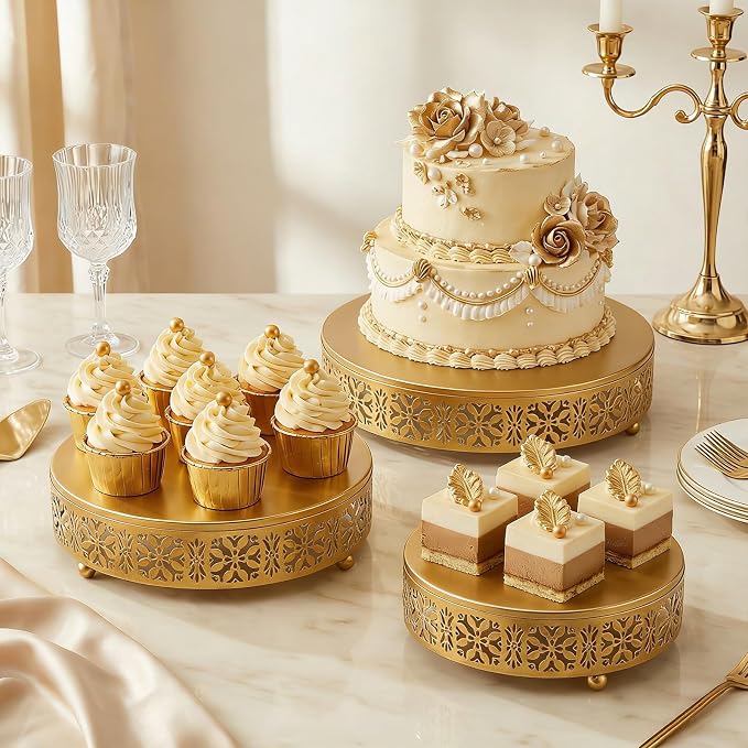 Coloch 3 Pieces Golden Cake Stand Set, 8/10/12 Inch Round Metal Dessert Display Stand Decorative Cake Holder Cupcake Pastry Candy Display Plate for Wedding, Party, Birthday, Event