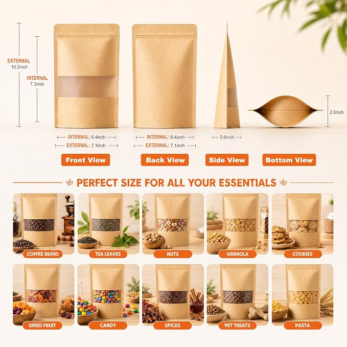 100 Pcs Kraft Paper Bags with Window, 7.1" x 10.2" Stand Up Pouches Bags, Food Storage Bags for Packaging Products, Reusable, Sealable