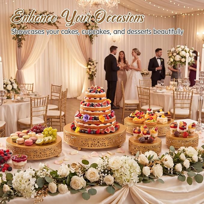 Wenqik 5 Pcs Metal Gold Cake Stand 16/14/12/10/8 Inch Round Cake Holder Display for Dessert Table Cookies Fruit Serving Tray Cupcake Pastry Riser for Wedding Birthday Party and Events