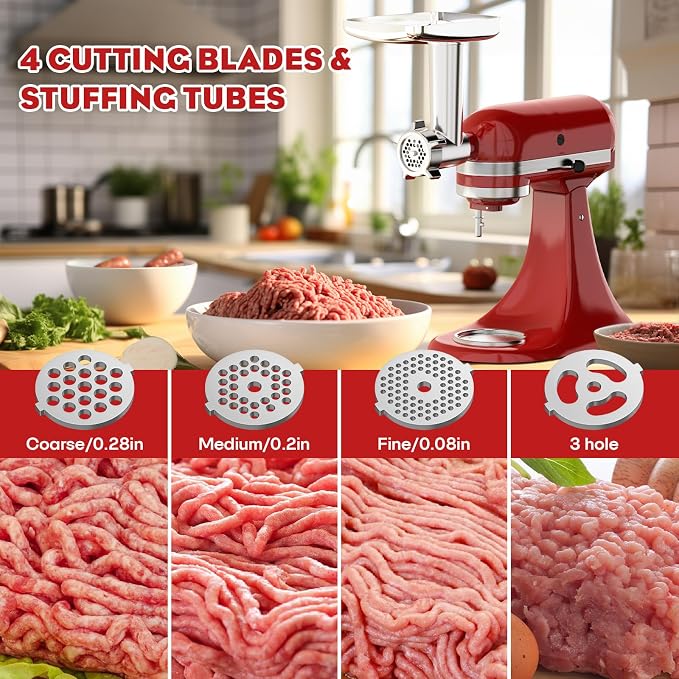 Meat Grinder & Slicer Shredder Attachments for KitchenAid Stand Mixer, Metal Meat Grinder with Sausage Stuffer Tubes, Cheese Grater, 2 Pcs Attachment Set for KitchenAid Mixers