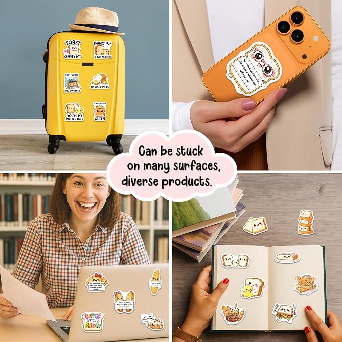 Bread Stickers, Sourdough Stickers 50PCS – Waterproof Vinyl Positive Food Decals for Water Bottles, Laptops, Journaling – Non-Repeating Decals, High-Definition Print Gift for Womens