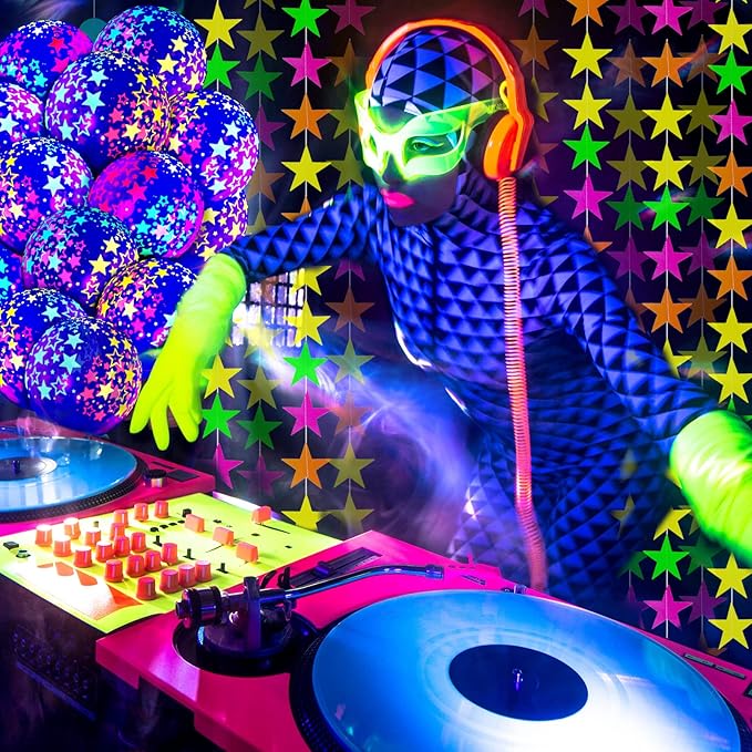 Skylety 32 Pcs Glow in The Dark Party Supplies Neon Party Favors with 25 Fluorescent Balloon 6 Rolls 98.4 ft UV Blacklight Luminous Tape 14.4 ft Neon Streamer Garland for Adults(Clear Star)