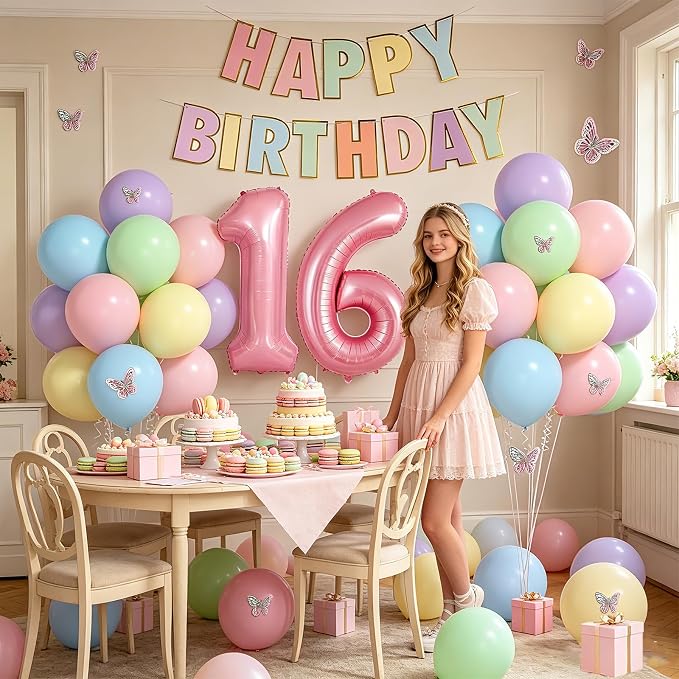 16th Birthday Decorations For Girls- 12 Inch Pastel Balloons, 32 Inch Pink 16 Balloon, 3D Butterflies Stickers, Happy Birthday Banner For Girl Sweet Sixteen Party Decorations