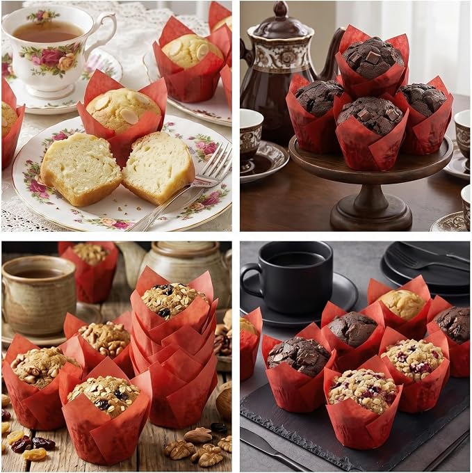 200 Pcs Red Tulip Cupcake Liners for Baking, Standard Size | Standard Greaseproof Tulip Muffin Liners for Baking, 3oz Red Paper Cupcake Wrappers for Party Wedding Birthday