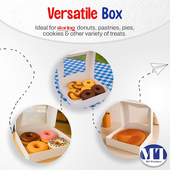 MT Products White Cookie Boxes - Size of 8" x 8" x 2.5" - (5 Pieces) Auto Pop-Up Bakery Boxes with Window - Made in the USA