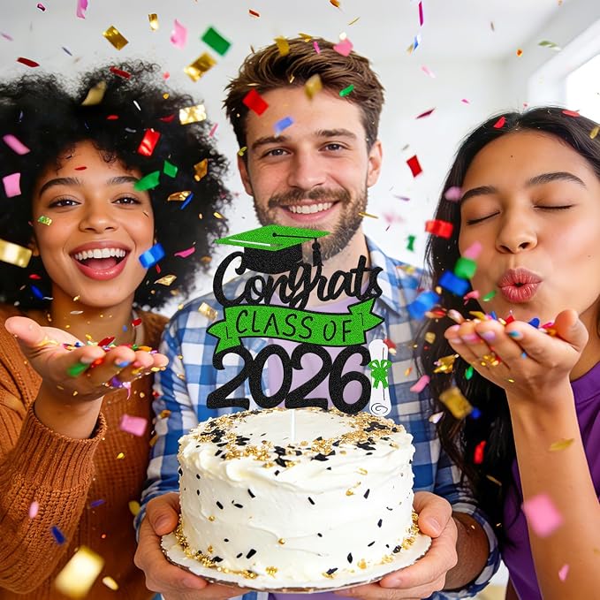 Congrats Class of 2026 Cake Topper Congrats Grad Cap Diploma We Are Proud of You Theme for College Happy Graduation Party Supplies High School Graduate Decoration (Black and Green)