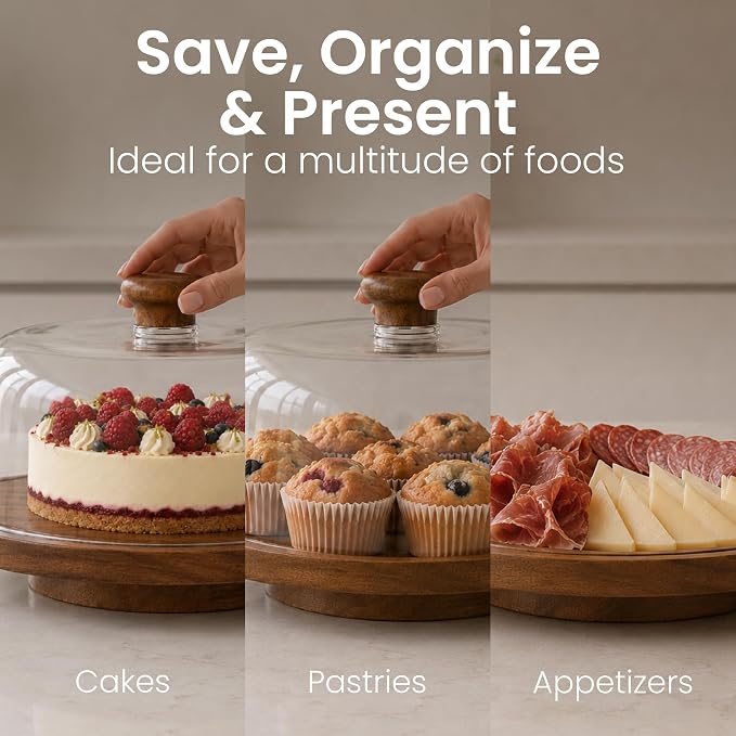 Rotating Acacia Wood Cake Stand with Lid Anti-Mold 12 Inch - 2-in-1 Wooden Charcuterie Board - Covered Dessert Plate with Acrylic Dome - Vintage Pastry Display - Tall Domed Serving Stand Platter - Brown