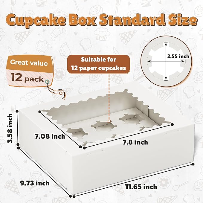 RYDDOY 12 Pack Cupcake Boxes, Hold 12 Standard Cupcakes, Cupcake Containers with Window and Inserts, High Grade Cupcake Holder, for Birthday Holiday Party, Supplies for Cupcakes, Desserts and More