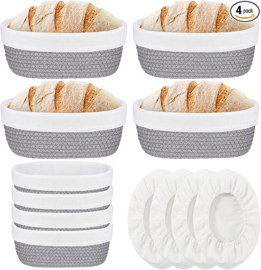 4 Pcs 10 Inch Bread Proofing Basket Set Cotton Rope Oval Banneton Basket Sourdough Bread with Liners Covers for Baking Supplies (Gray)