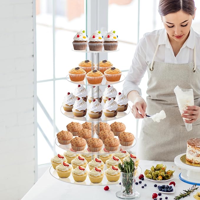 YestBuy 5 Tier Round Acrylic Cupcake Tree Tower Display Stand Display for Pastry Wedding Birthday Party (5 Tier Round (4" Between 2 Layers))
