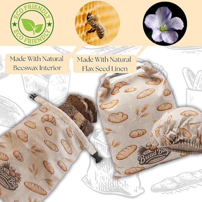 2 Pack Organic Reusable Bread Bag Beeswax Lining With Bowl Cover, Linen Bread Bag, Freshness Preservation, For Homemade Bread, Sourdough, Brioche. Durable & Made With Natural Materials.