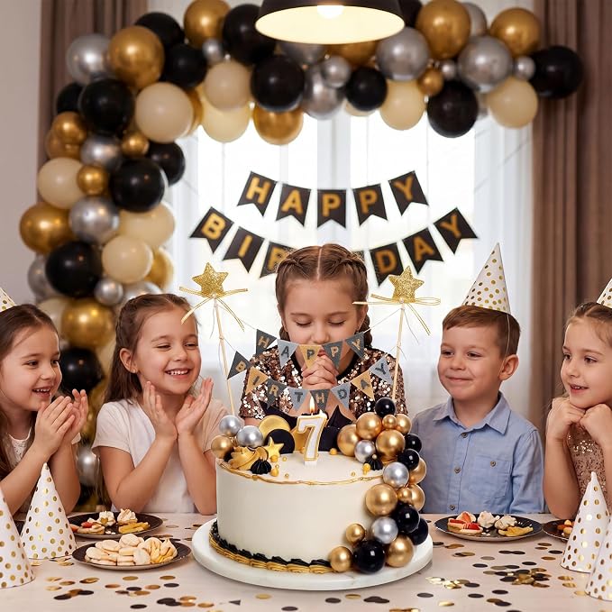 16 Pcs Happy Birthday Cake Topper Cake Bunting Topper Banner with Wood Pole Rainbow Garland with Bow Ribbon Balloon, Mini Cupcake Decor for Birthday Baby Shower (Gold,Silver,Black)
