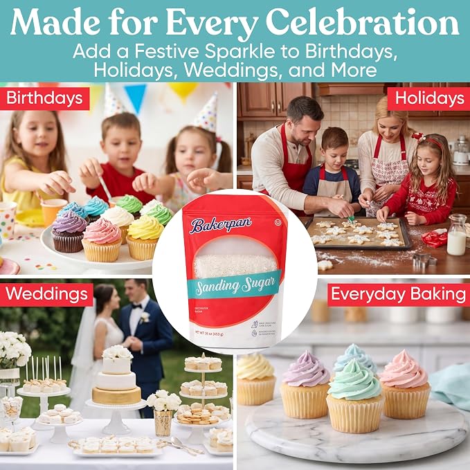 Bakerpan Sanding Sugar for Baking & Cookie Decorating - 16 Ounces Sparkling Sugar Sprinkles for Cookies, Cakes, Cocktails (Made In USA)