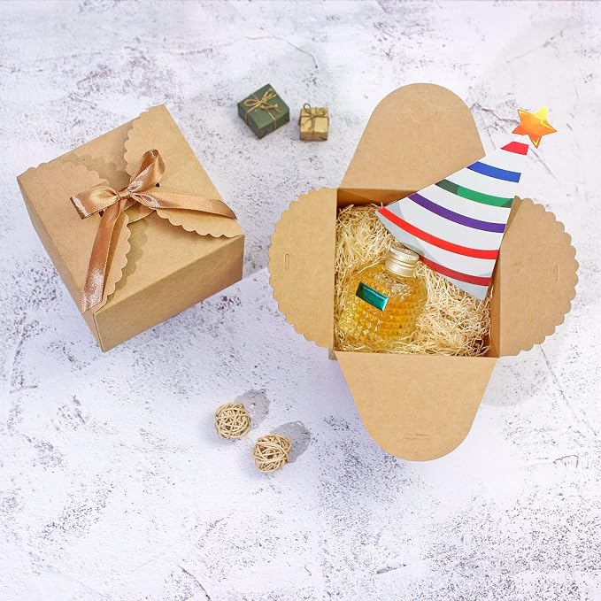 WEWILUCK Brown Box for Presents, 10 Pack Small Empty Kraft Paper Gift Boxes with Ribbon For Packaging Candy, Cookie, Chocolate, Craft, Candle, Small Gifts, 4.75” x 4.75” x 3.53”