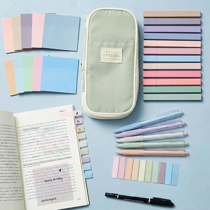 Jutom 39 Pcs Aesthetic Book Annotation Kit Highlighter with Case Bag Gel Pen Transparent Sticky Note Taking Bible Supplies(Green,Cute Style)
