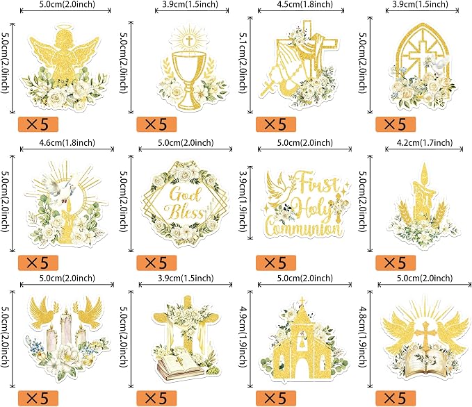 60 PCS Edible God Bless Cupcake Toppers Dove Cross Baptism Cupcake Picks Edible Church Floral First Communion Cake Decorations for Gold Bless Baptism Theme Baby Shower Birthday Party Supplies Gold