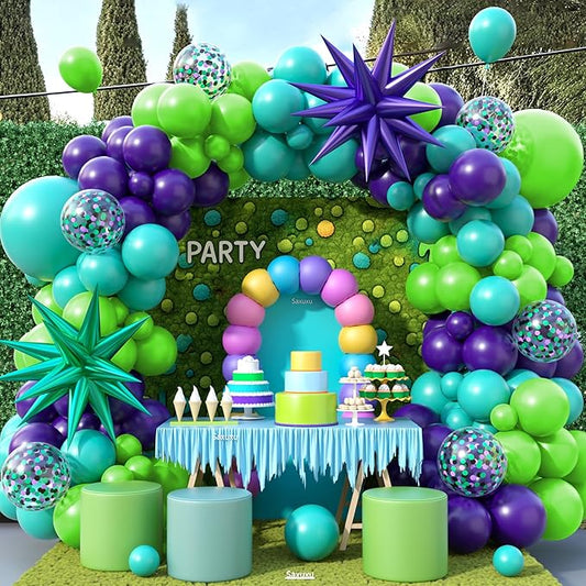 Green Purple Teal Balloon Arch Kit, Fruit Green Purple Teal Blue Confetti Birthday Balloons with Star Foil Balloons for Boy Girl Birthday Party Decorations Baby Shower Graduation Backdrop