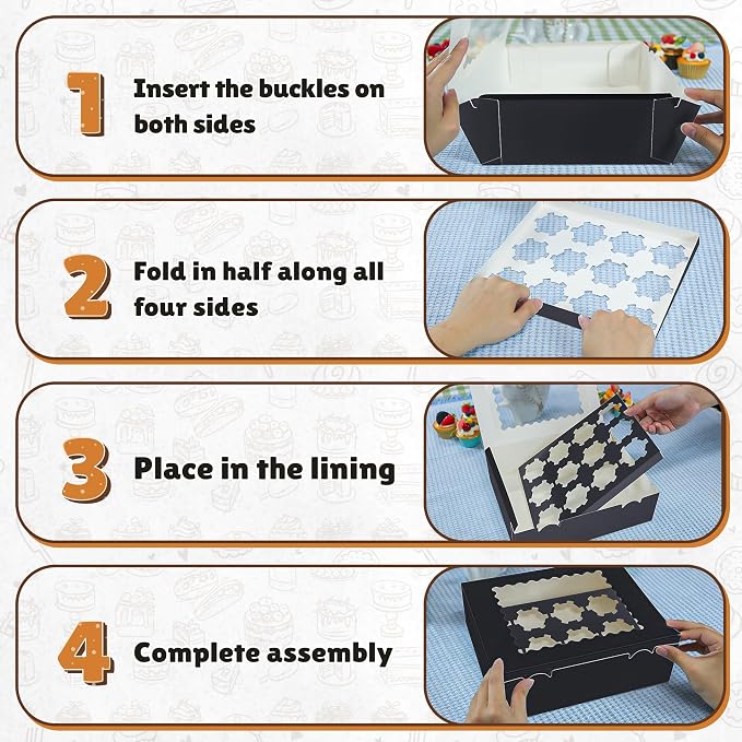 RYDDOY 12 Pack Cupcake Boxes, Hold 12 Standard Cupcakes, Black Cupcake Containers, Cupcake Holder with Window and Inserts for Birthday Holiday Party, Supplies for Cupcakes, Desserts and More