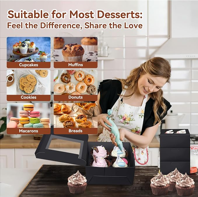 10-Set Cupcake Boxes Bulk with Clear Display Window Hold 4 Standard Cupcakes, Disposable Food Grade Black Cupcake Carrier Cupcake Container, Perfect for Cupcakes Muffins Cookies Pastries