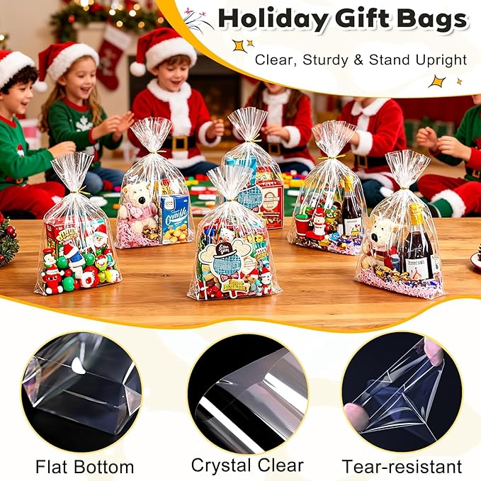 PigPotParty Cellophane Bags 12x16 Inch, 50 Pack Clear Plastic Gift Bags with Bottom Gusset for Stand-Up Display, Medium Cello Wrap for Large Goodies, Treats, Party Favors, Mugs, Includes 50 Gold Ties
