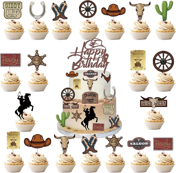 46 Pcs Cowboy Cake Toppers Glitter Cowboy Hat Cake Decorations Western Theme Happy Birthday Party Decoration for Boys Girls, Western Birthday Sign Decor Party Decor Party Supplies