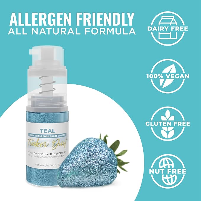 Bakell - Teal Tinker Dust (4g, 1x Mini Spray Pump) Edible Glitter for Food, Desserts, and Baked goods!